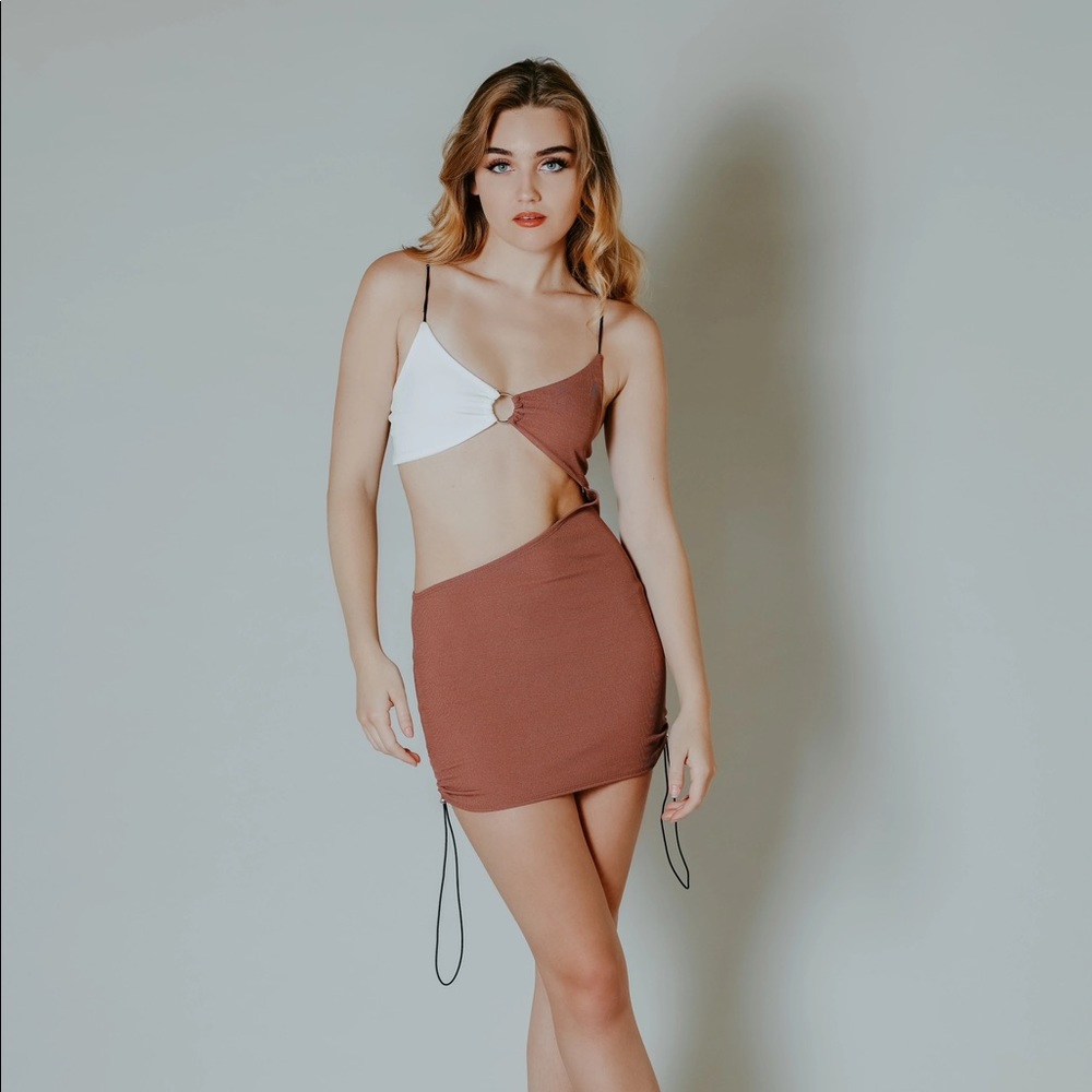 Brown and white cut out dress